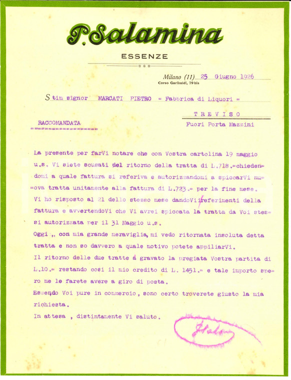 1926 MILANO Corso Garibaldi - Ditta SALAMINA Essenze - Lettera per insoluti