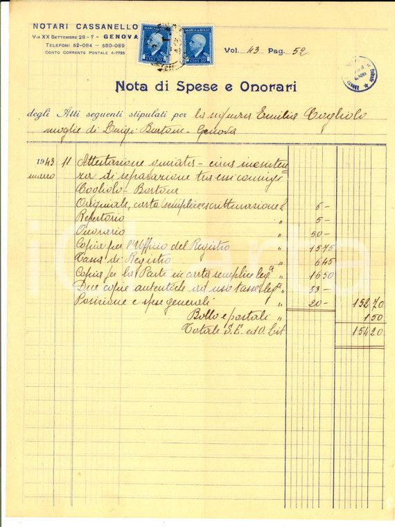 1930 ca GENOVA Studio notarile CASSANELLO - Parcella per Emilia COGLIOLO