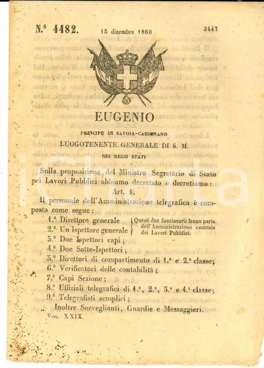 1860 ROMA Composizione persnale dell'Amministrazione telegrafica *Decreto