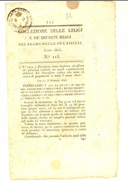 1825 REGNO DUE SICILIE Decreto sui processi verbali ai debitori del Tavoliere