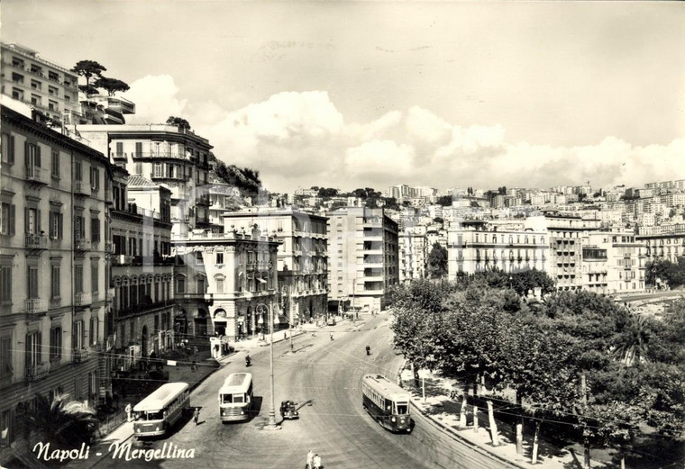 1957 NAPOLI Veduta quartiere MERGELLINA con tram e corriera *Cartolina FG VG