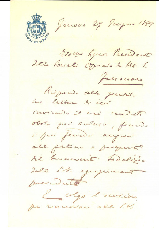 1899 GENOVA Offerta di Giovanni Battista CERESETO a società operaia *Autografo