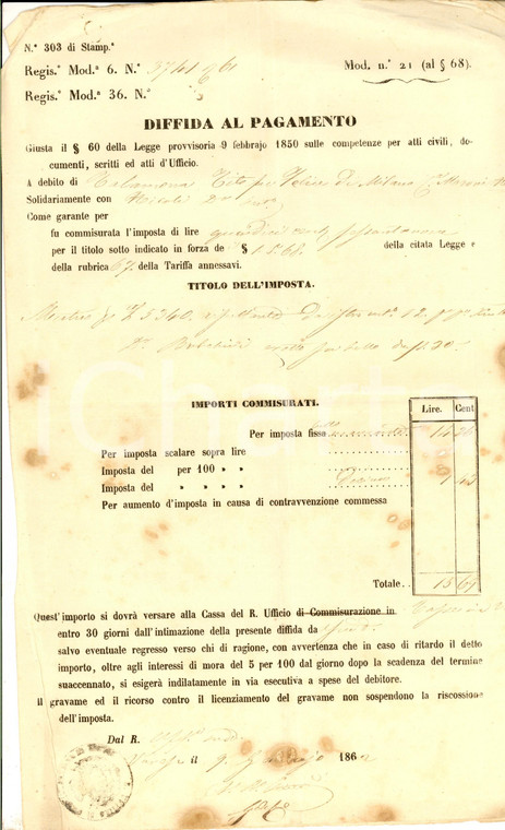 1862 VARESE Diffida a Tito TALAMONA per il pagamento di un prestito *Documento