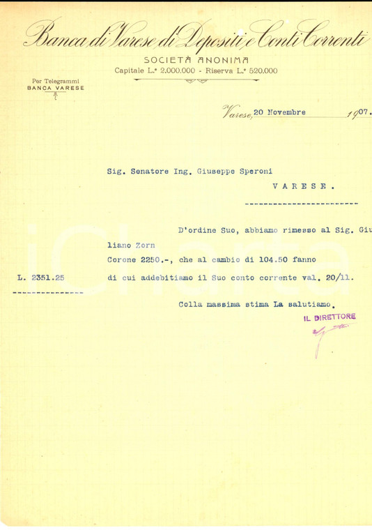 1907 BANCA DI VARESE Accredito a Giuliano ZORN per ordine sen. Giuseppe SPERONI