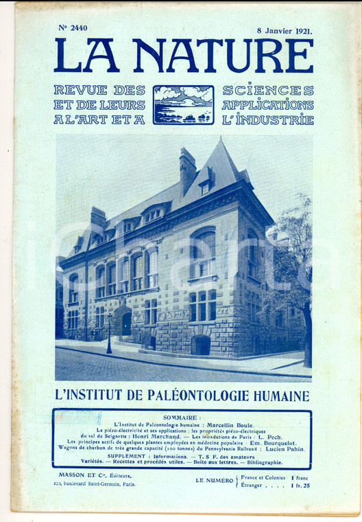 1921 LA NATURE Institut de Paléontologie humaine *Revue ILLUSTREE SCIENCE n°2440