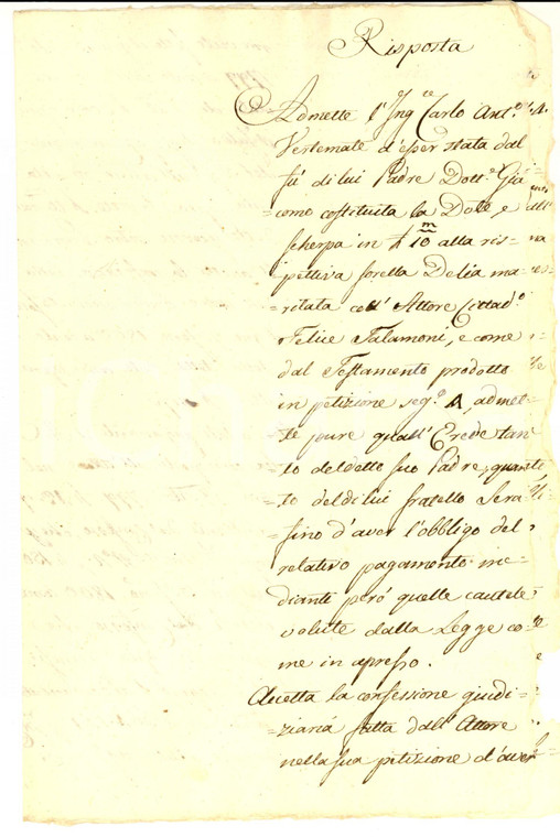 1820 ca VARESE Sul pagamento di Carlo Antonio VERTEMATE per dote della sorella