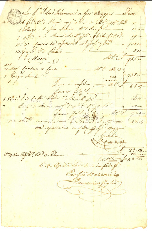 1810 ca MILANO Conto del droghiere Giovanni BAZZONI a Delia TALAMONI Manoscritto