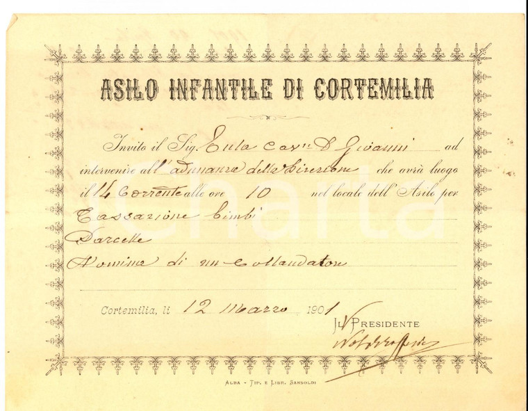 1901 CORTEMILIA (CN) Asilo infantile - Invito a Giovanni EULA per adunanza