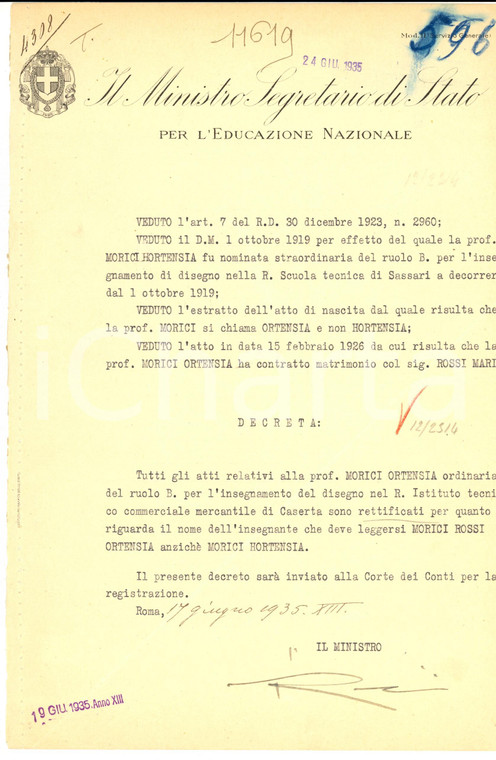 1935 MINISTERO EDUCAZIONE NAZIONALE Decreto autografo Renato RICCI 22x32
