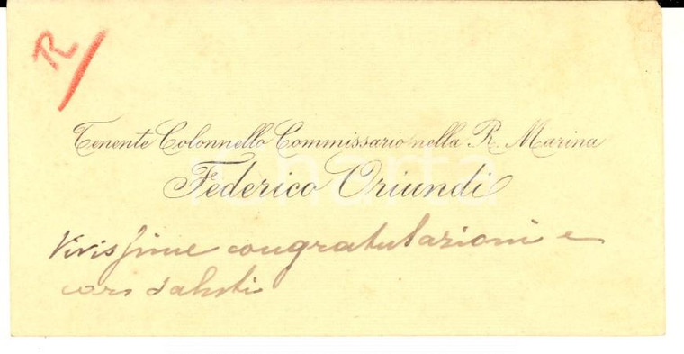 1900 ca REGIA MARINA Biglietto da visita Federico ORIUNDI tenente colonnello
