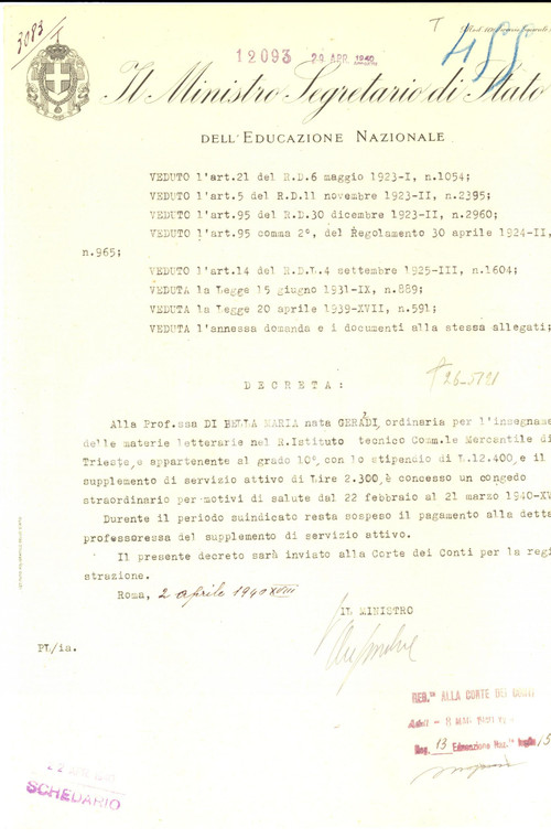 1940 TRIESTE Congedo Maria DI BELLA *Decreto autografo on. Riccardo DEL GIUDICE