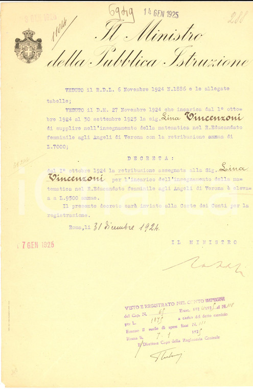 1924 ROMA Stipendio Lina VINCENZONI Decreto autografo ministro Alessandro CASATI