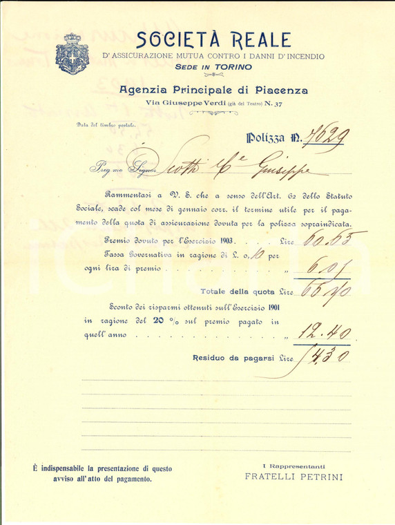 1903 PIACENZA Società REALE MUTUA Premio polizza di Giuseppe SCOTTI 