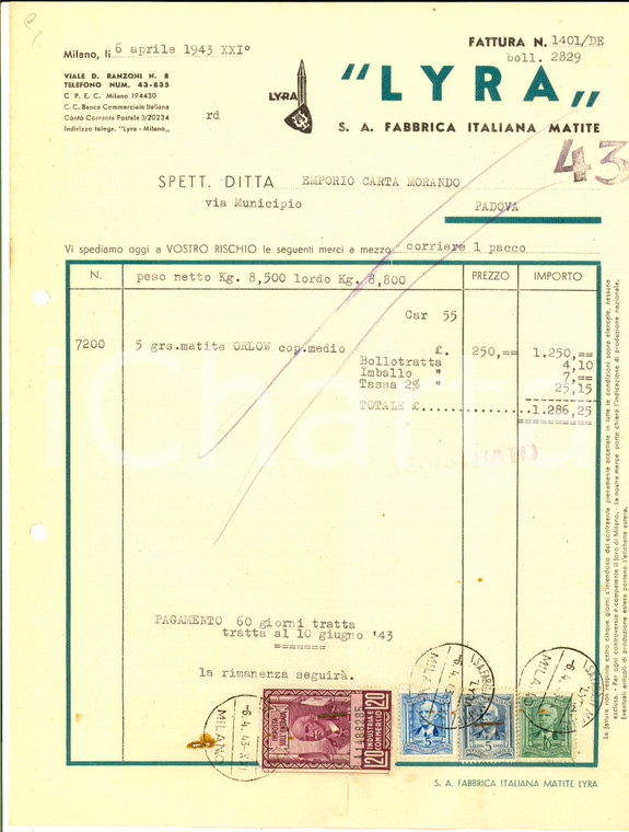 1943 MILANO viale Ranzoni - Fabbrica Italiana Matite LYRA *Fattura intestata