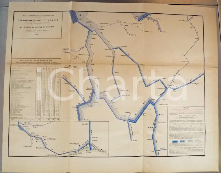 1885 FRANCE Tonnage voies navigables 1883 - Centre Est *Planche n°14 66x53