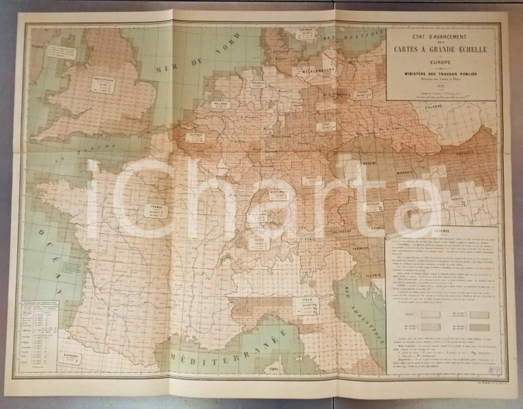 1882 FRANCE CHEMINS DE FER Avancement cartes à grande échelle *Planche 23 53x69