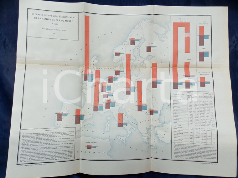 1885 CHEMINS DE FER Dépenses de premier établissement en 1883 Planche n°11 66x53