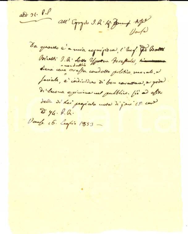 1853 VARESE Ottima condotta di Giovanni Battista BICETTI ispettore forestale