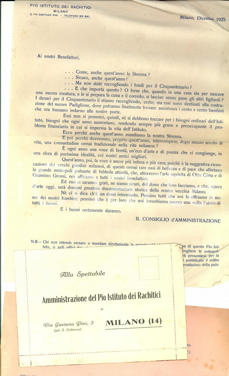 1925 MILANO PIO ISTITUTO RACHITICI Lettera ai benefattori per le offerte
