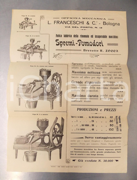 1910 BOLOGNA Officina meccanica FRANCESCHI Macchina spremi-pomodori *Manifesto