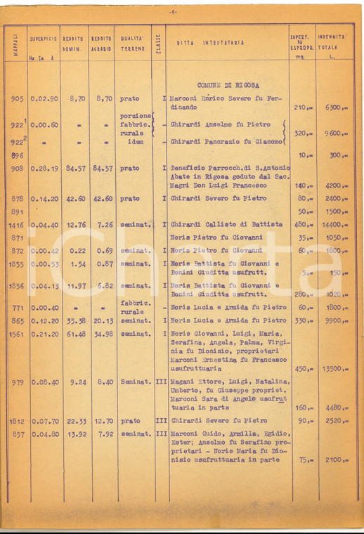1947 Strada SELVINO-RIGOSA (BG) Proprietari e indennità - Studio BARBONI 6 pp.