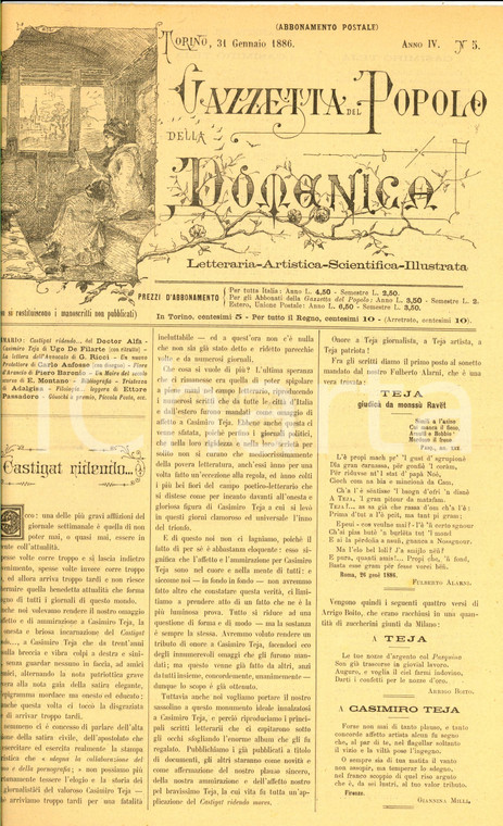 1886 GAZZETTA DEL POPOLO DELLA DOMENICA Casimiro TEJA *Giornale anno IV n°5