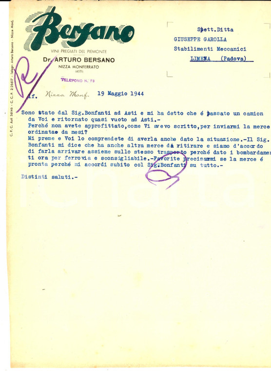 1944 NIZZA MONFERRATO (AT) BERSANO Vini pregiati - Lettera su invio di merce