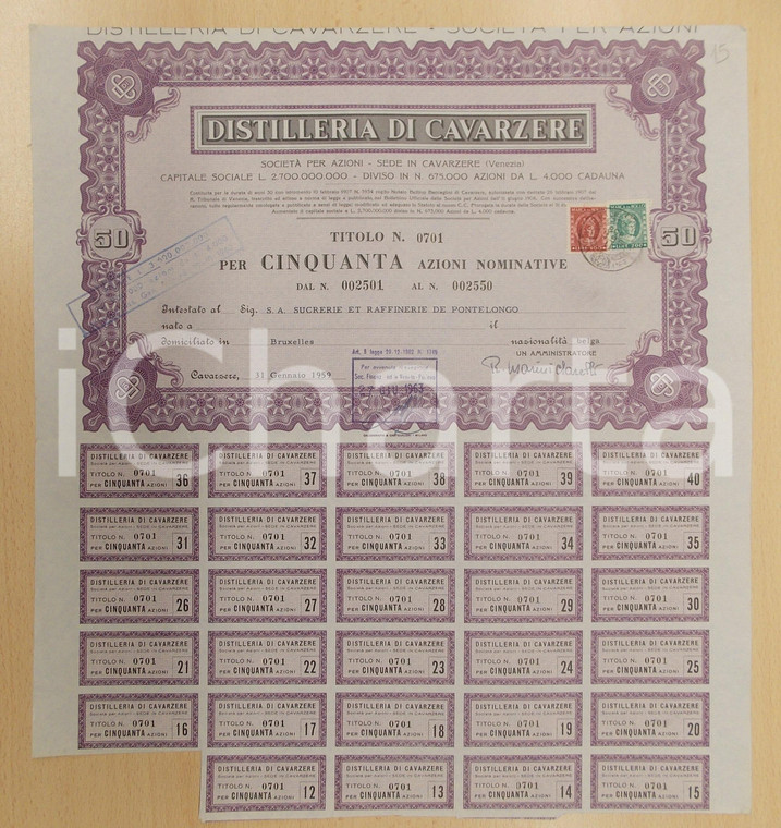 1959 DISTILLERIA DI CAVARZERE (VE) Certificato 50 azioni nominative con cedole