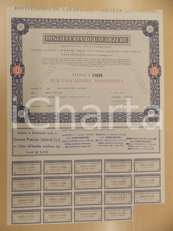 1974 DISTILLERIA DI CAVARZERE (VE) Certificato per una azione nominativa cedole