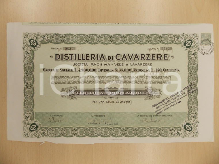 1931 DISTILLERIA DI CAVARZERE (VE) Certificato azionario al portatore