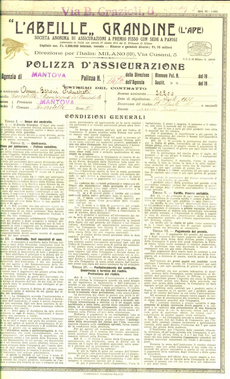 1928 CANEDOLE (MN) L'ABEILLE GRANDINE Polizza assicurazione baroni FRANCHETTI