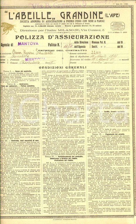1928 CANEDOLE (MN) Società L'ABEILLE Polizza assicurazione baroni FRANCHETTI