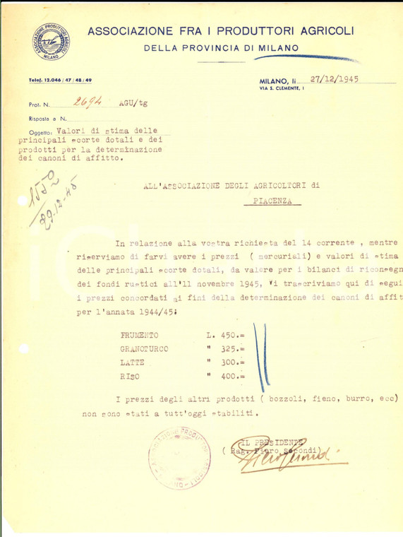 1945 MILANO Associazione Produttori Agricoli su stima scorte dotali e canoni