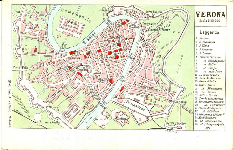 1900 ca VERONA Mappa della città con legenda *Cartolina FP NV