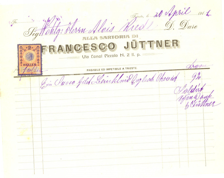 1911 TRIESTE Francesco JUTTNER Sartoria *Conto su carta intestata