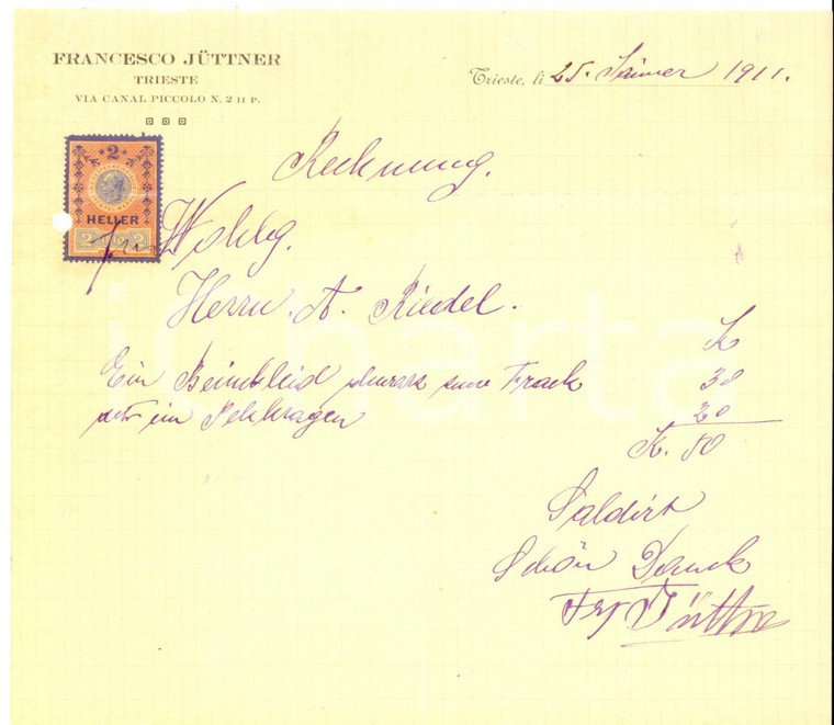 1911 TRIESTE Francesco JUTTNER Sartoria *Conto manoscritto su carta intestata