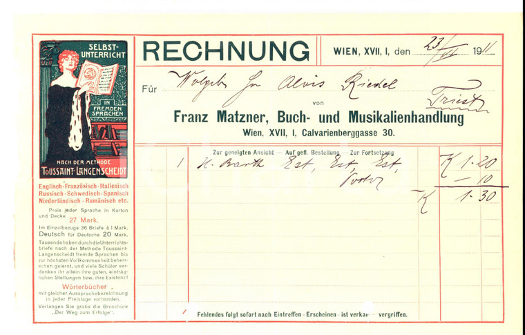 1911 WIEN Franz MATZNER Buch und Musikalienhandlung *Conto su carta intestata