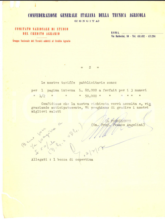 1957 ROMA Confederazione Generale Italiana Tecnica Agricola *Lettera tariffe