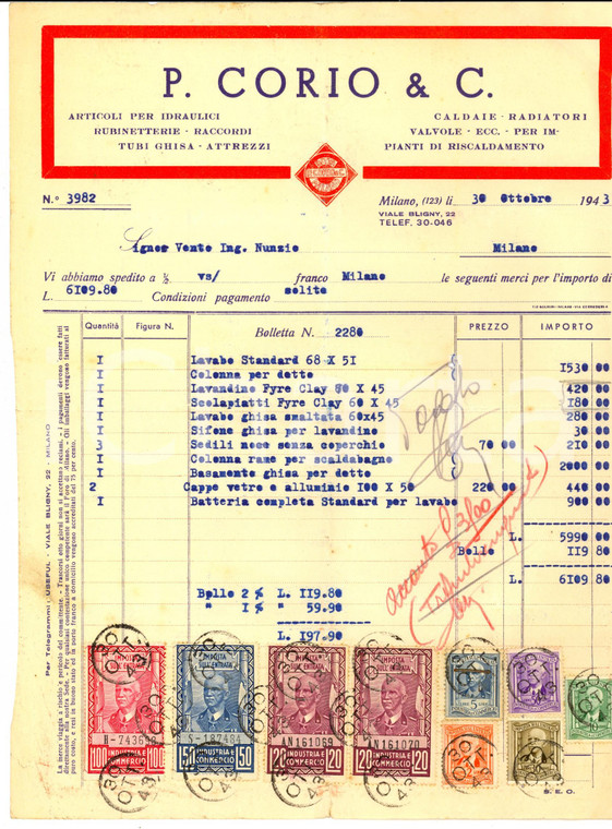 1943 MILANO P. CORIO & C. Articoli per idraulici e rubinetterie *Fattura