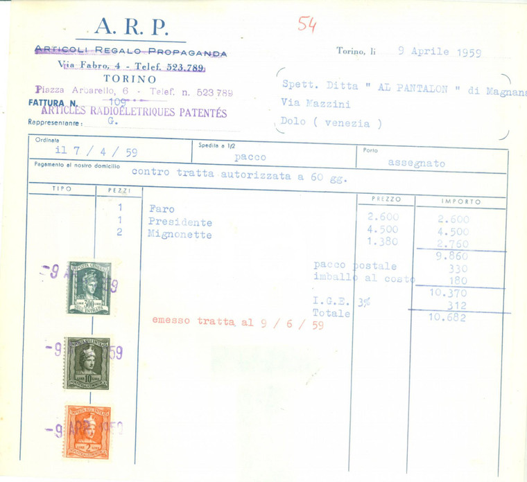 1959 TORINO Articoli Regalo Propaganda A.R.P. *Fattura commerciale