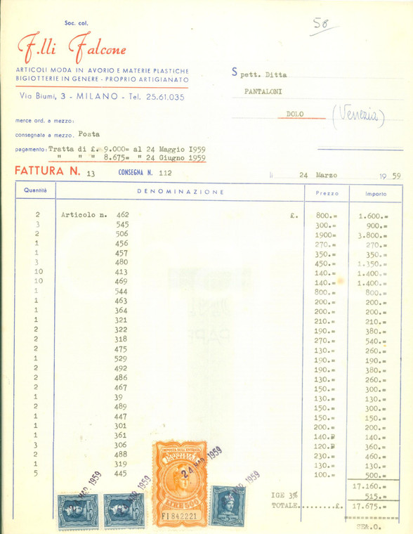 1959 MILANO Moda in avorio Bigiotterie Fratelli FALCONE *Fattura commerciale