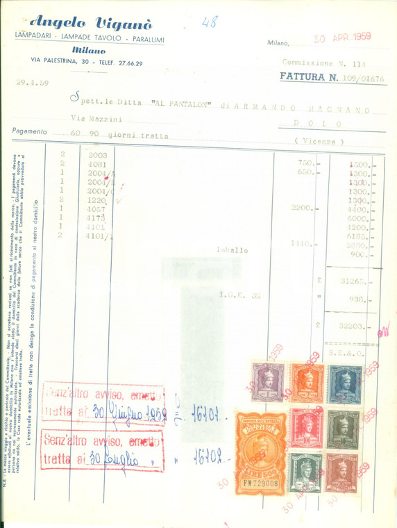 1959 MILANO Angelo VIGANÒ Lampadari lampade tavolo paralumi *Fattura commerciale