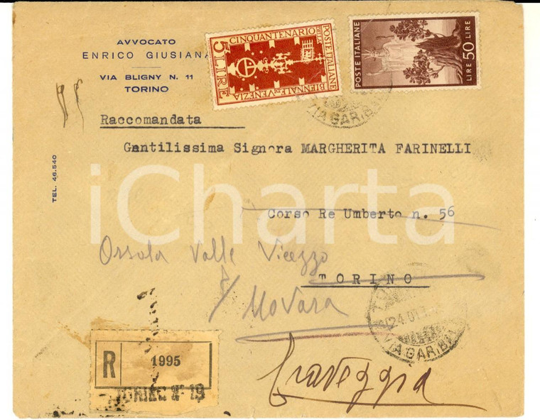 1949 STORIA POSTALE REPUBBLICA Busta affrancatura mista 50 L. + 5 L. BIENNALE