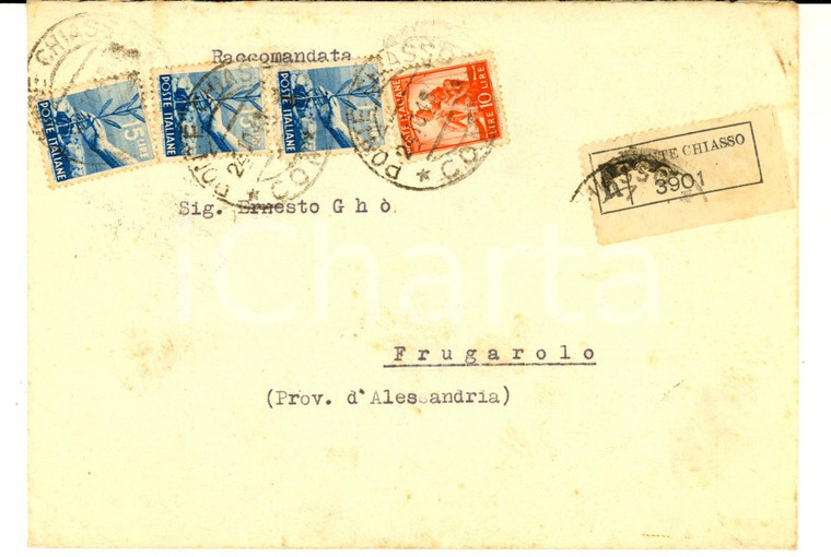 1949 STORIA POSTALE REPUBBLICA Busta affrancatura mista L. 15 L. 10 raccomandata