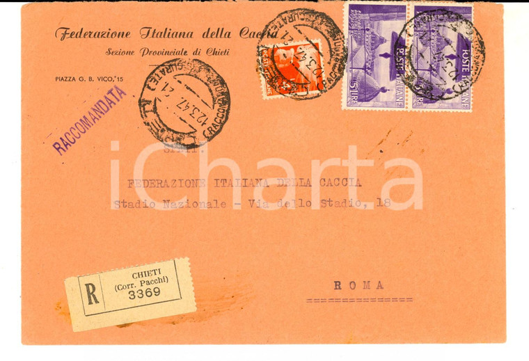 1947 CHIETI STORIA POSTALE Busta affrancatura 5 L. Repubblica di Pisa + L. 4