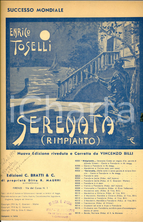 1950 Enrico TOSELLI Serenata (Rimpianto) *Spartito C. BRATTI - R. MAURRI