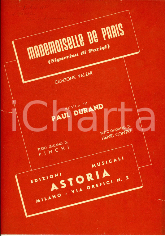 1951 Paul DURAND Mademoiselle de Paris - Canzone valzer *Ed. ASTORIA MILANO