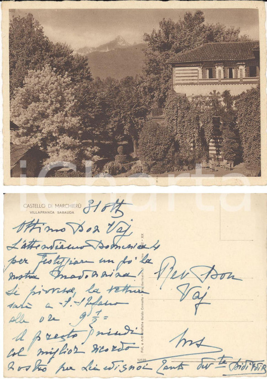 1940 VILLAFRANCA PIEMONTE Castello di MARCHIERU' Autografo FILIPPI DI BALDISSERO