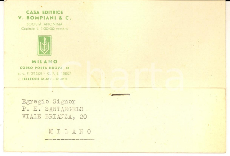 1946 MILANO Casa editrice BOMPIANI su manoscritto in lettura *Cartolina FP 