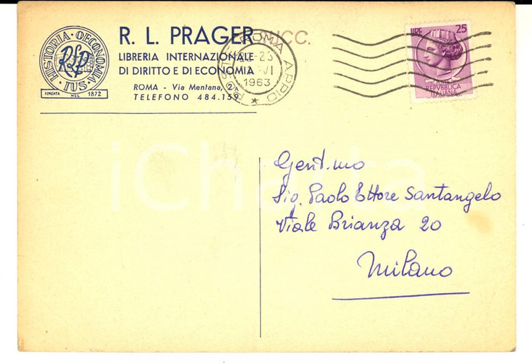 1963 ROMA Libreria PRAGER richiesta volume FONDAMENTI a Paolo Ettore SANTANGELO